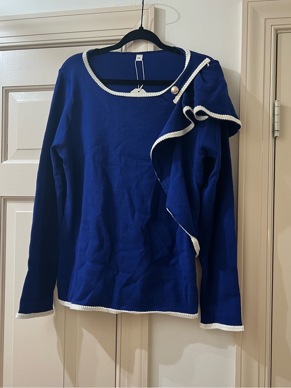 Navy Ruffle Trim Long Sleeve Top with Cream Piping - Picture 2 of 8